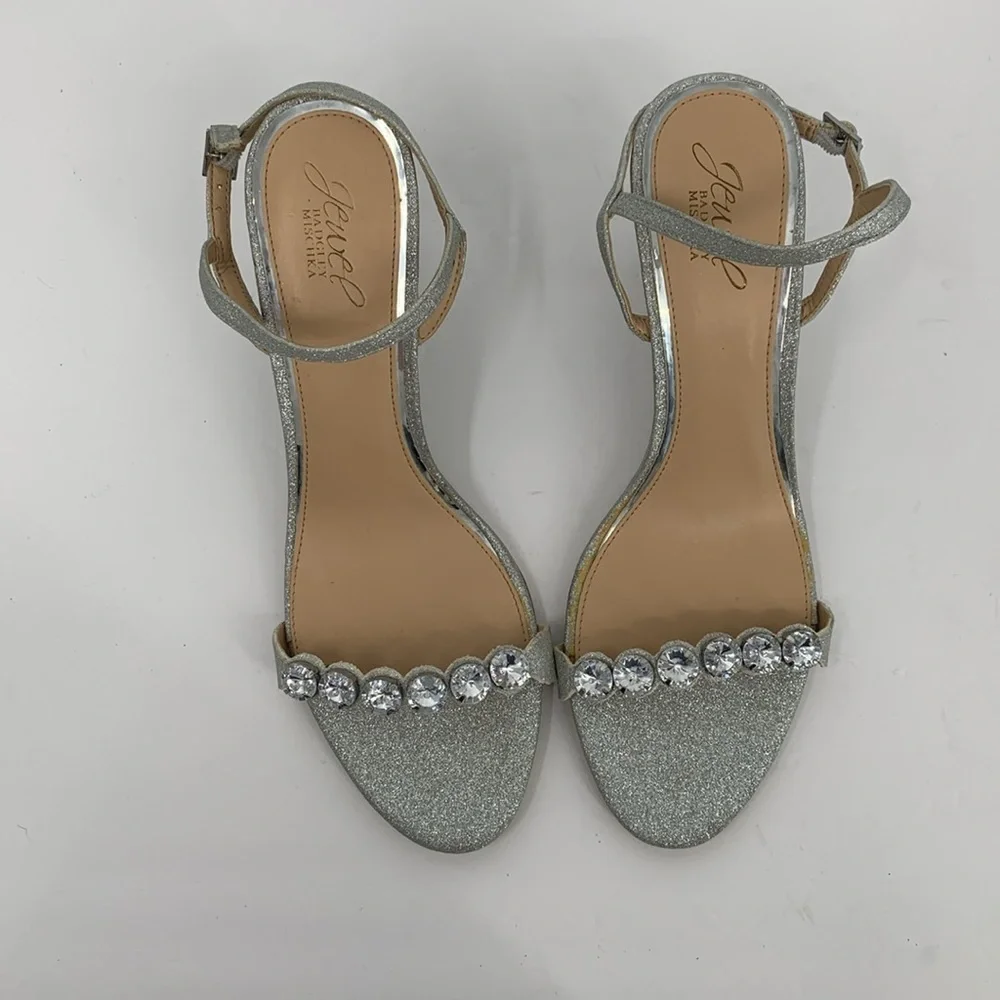 Jewel Badgley Mischka wedge shoe silver metallic glitter clear crystal sandal 11